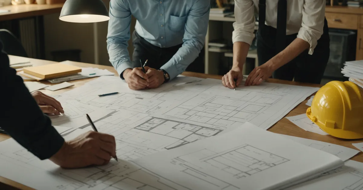 Small professional team discussing construction plans at a table